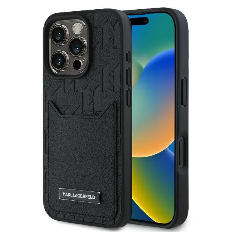 Karl Lagerfeld sloty na karty Monogram iPhone 16 Pro Max Case – čierne
