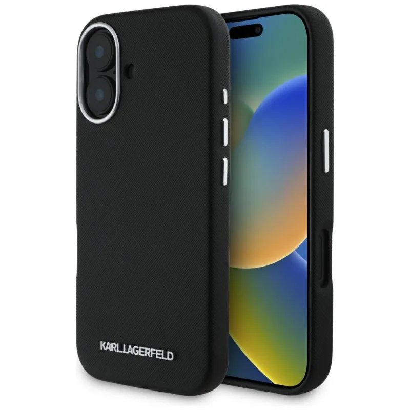 Karl Lagerfeld Saffiano celé zabalené predĺžené kovové puzdro MagSafe pre iPhone 16 - čierne