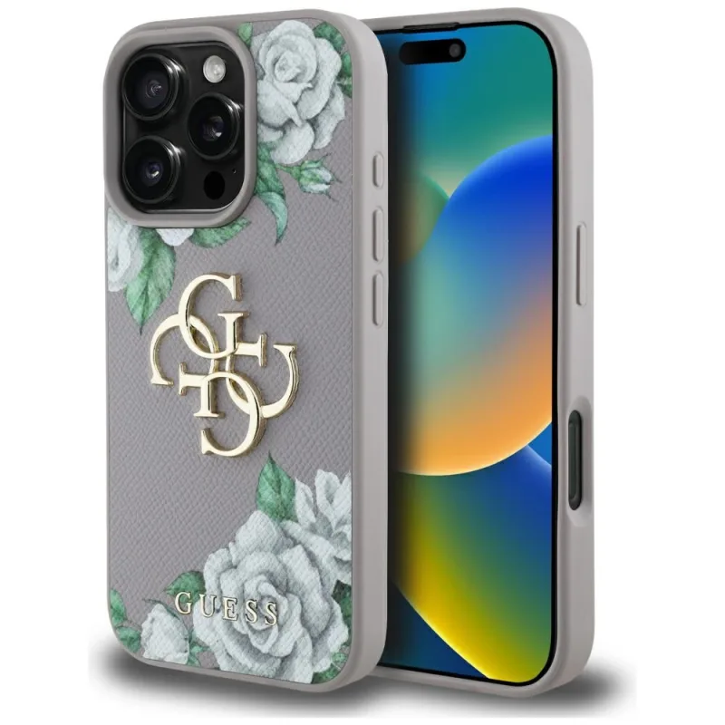 Puzdro Guess Grained Roses Big 4G Logo na iPhone 16 Pro – fialové