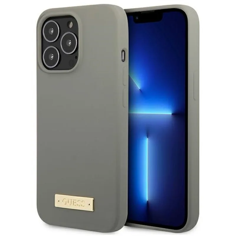 Guess GUHMP13XSPLG iPhone 13 Pro Max 6,7" sivo/sivé pevné puzdro Silicone Logo Plate MagSafe