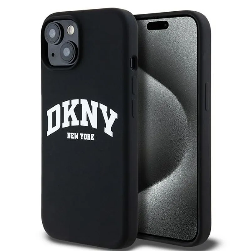 Tekuté silikónové puzdro DKNY s bielym logom MagSafe pre iPhone 15 Plus / 14 Plus - čierne