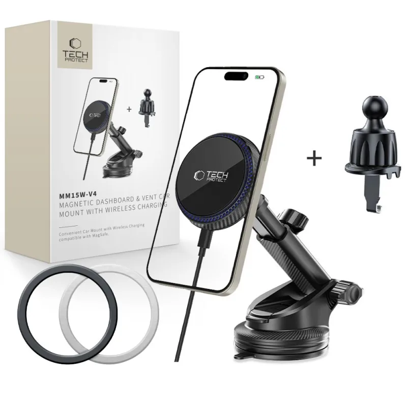 Tech-Protect MM15W-V4 magnetický držiak do auta MagSafe 15 W pre kokpit / čelné sklo / vetrací otvor - čierny