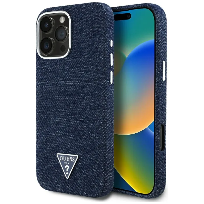 Puzdro Guess Denim Triangle Logo MagSafe iPhone 16 Pro – modré