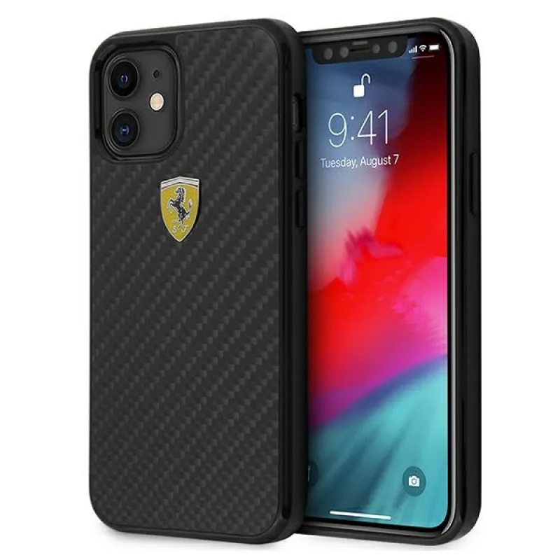 Ferrari FERCAHCP12SBK iPhone 12 mini 5,4" čierno/čierne pevné puzdro On Track Real Carbon