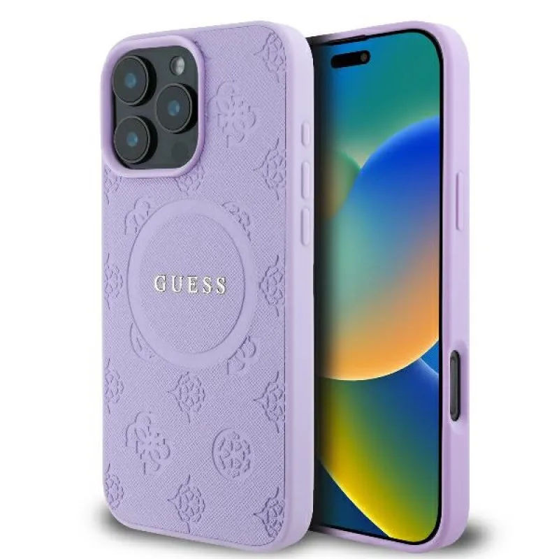 Puzdro Guess Saffiano Peony Classic Logo MagSafe iPhone 16 Pro Max – fialové