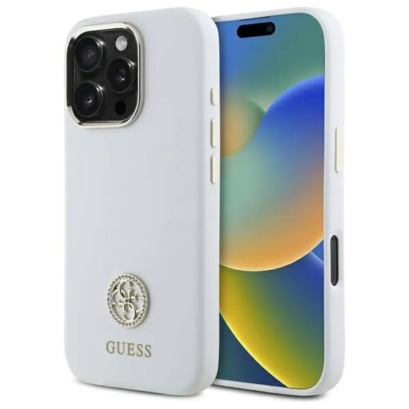 Guess Silicone Logo Strass 4G puzdro pre iPhone 16 Pro – biele