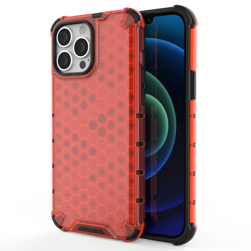 Pancierový kryt Honeycomb Case s TPU Bumper pre iPhone 13 Pro Max červený