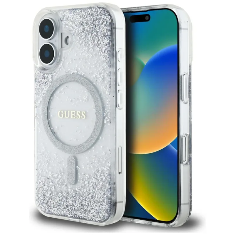 Guess HC Resin Bottom Glitter MagSafe puzdro pre iPhone 16 - strieborné