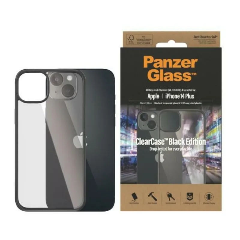 Antibakteriálne puzdro PanzerGlass ClearCase pre iPhone 14 Plus / 15 Plus - priehľadné a čierne