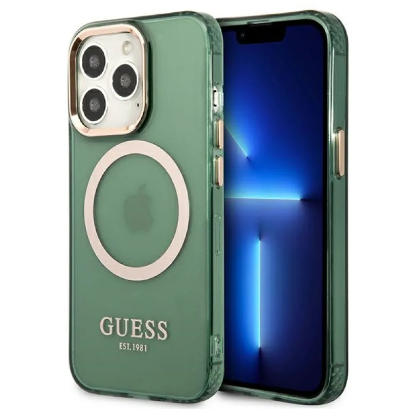 Guess GUHMP13LHTCMA iPhone 13 Pro / 13 6,1" zelený/khaki pevný obal Gold Outline Translucent MagSafe