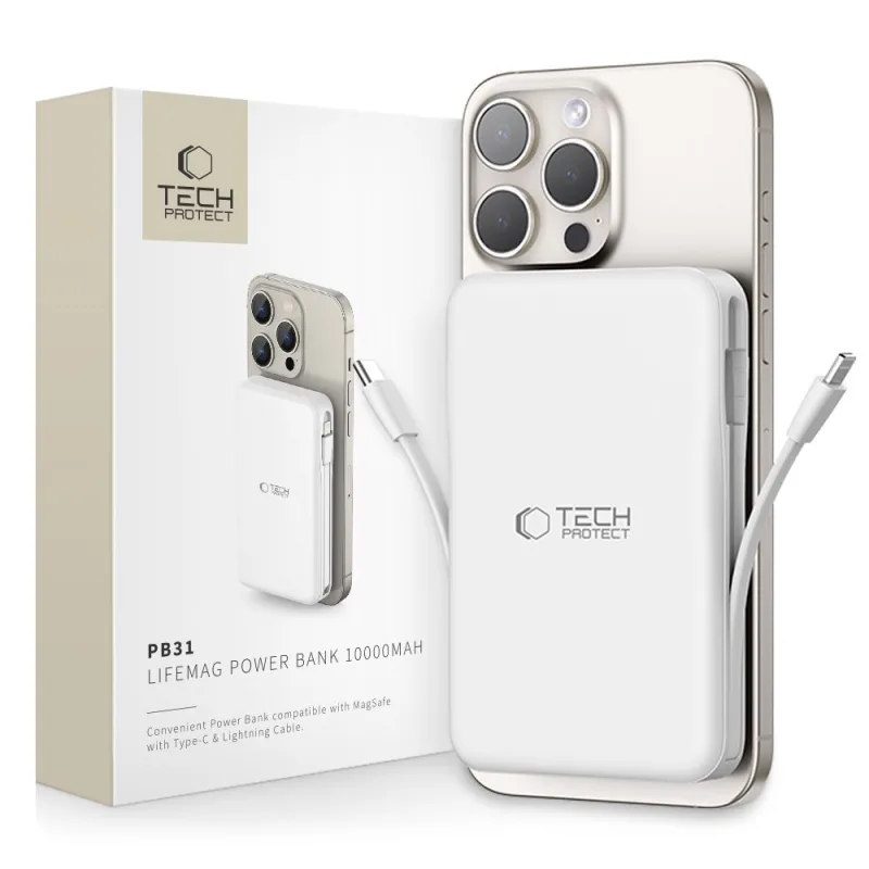 Power Bank Tech-Protect LifeMag PB31 s MagSafe 10 000 mAh 15 W USB-C / USB-A / vstavaný USB-C / Lightning káble – biely