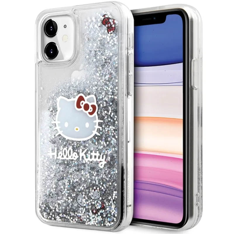 Puzdro na hlavu Hello Kitty Liquid Glitter Charms Kitty pre iPhone 11 / Xr - strieborné