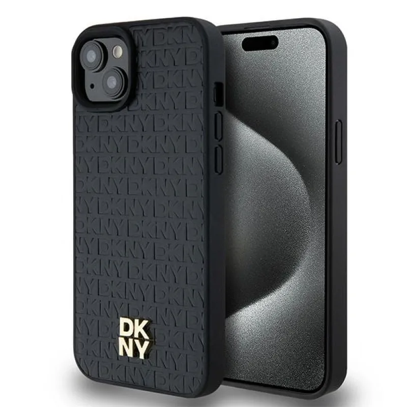 DKNY kožený monogramový vzor kovové logo MagSafe puzdro pre iPhone 15 Plus / 14 Plus - čierne