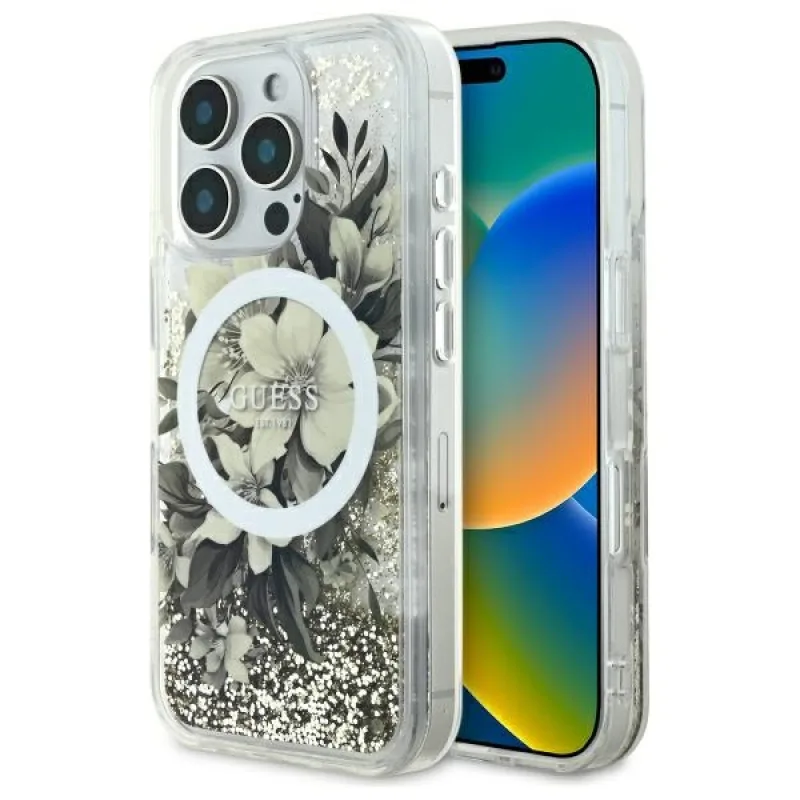 Puzdro Guess Liquid Glitter Flower MagSafe iPhone 16 Pro – béžové