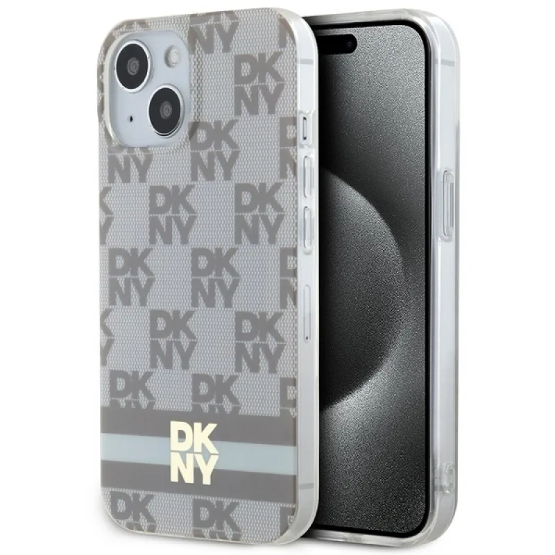 DKNY IML kockovaný mono vzor a tlačené pásiky MagSafe puzdro pre iPhone 15 Plus / 14 Plus – béžové