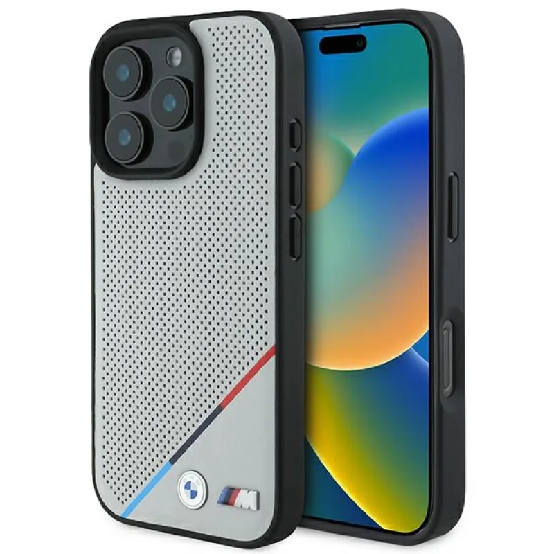 BMW M Perforated Tricolor Line MagSafe Case pre iPhone 16 Pro – šedý