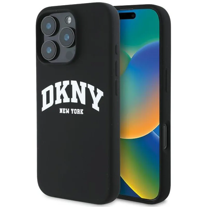 DKNY silikónové biele vytlačené logo MagSafe iPhone 16 Pro Case – čierne
