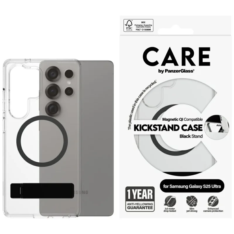 CARE by PanzerGlass Feature Black Kickstand & QI Case pre Samsung Galaxy S25 Ultra – priehľadné
