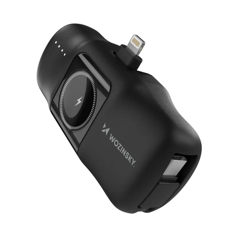 Wozinsky WF16-YLS 5000mAh 15W Lightning mini power banka so vstavaným káblom USB-C a nabíjačkou Apple Watch – čierna