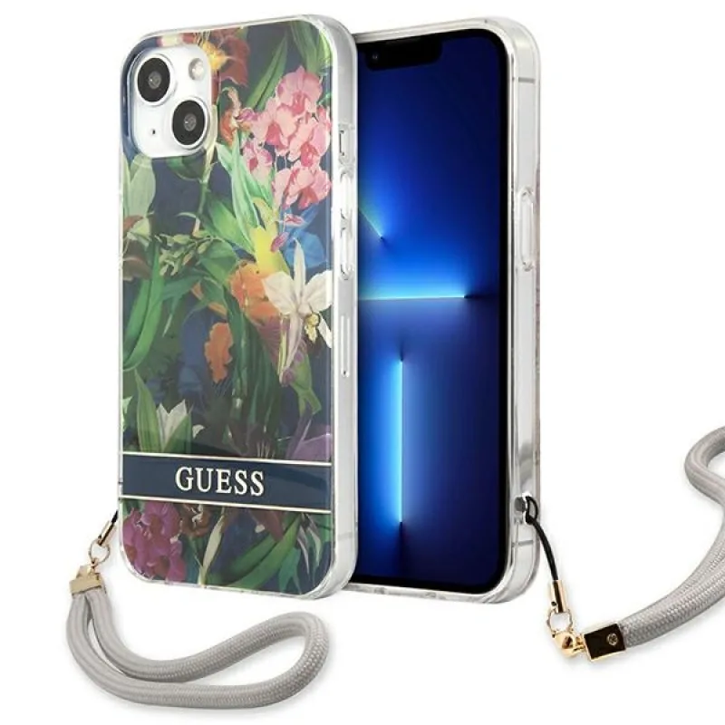 Guess GUHCP13SHFLSB iPhone 13 mini 5,4" modro/modré pevné puzdro Flower Strap