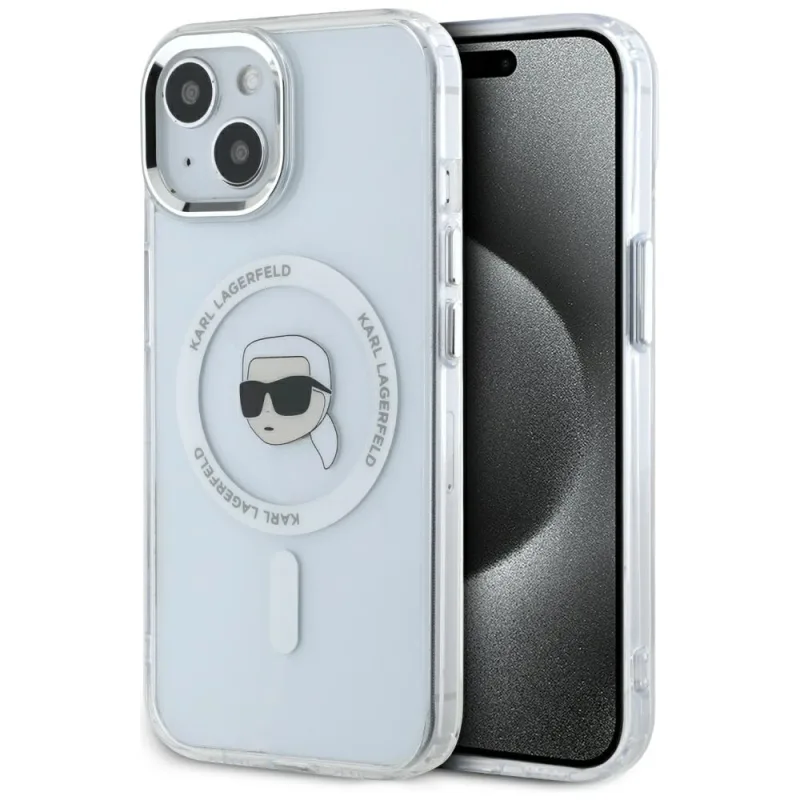 Karl Lagerfeld IML kovové puzdro Karl Head MagSafe pre iPhone 15 White