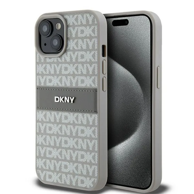 Obal DKNY Leather Mono Stripe & Metal Logo pre iPhone 15 Plus / 14 Plus - béžový