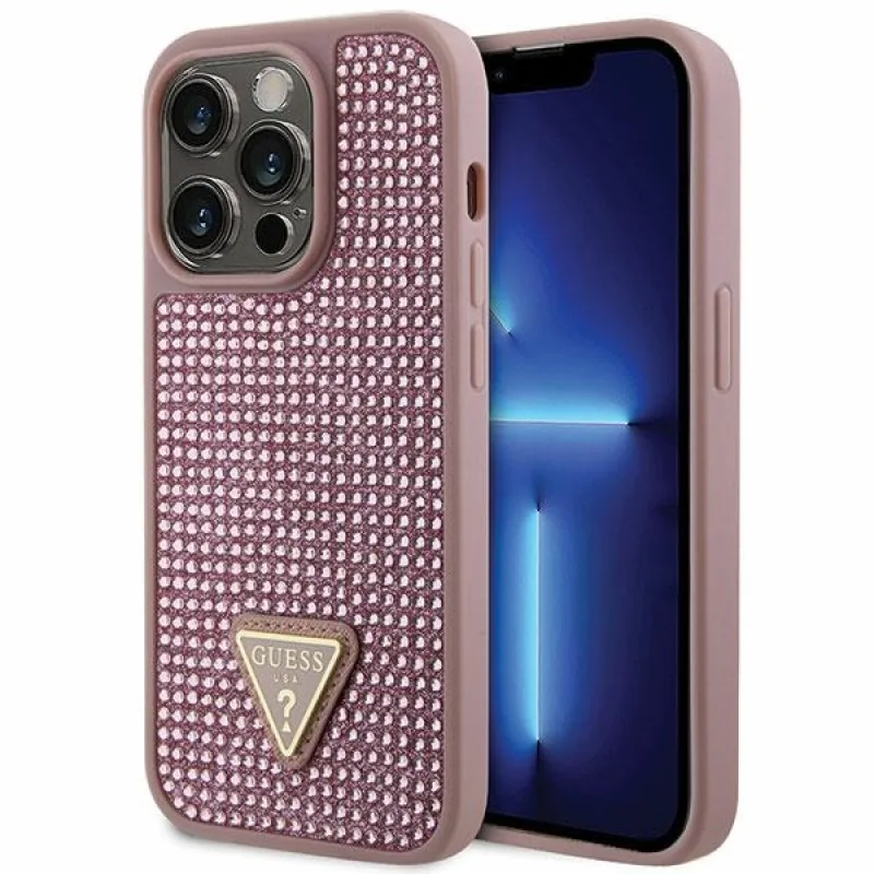 Pevné puzdro Guess GUHCP14LHDGTPP iPhone 14 Pro 6,1" ružovo-ružové kamienkový trojuholník
