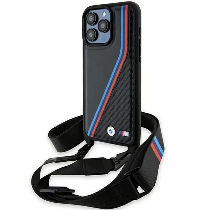 Puzdro BMW M Edition Carbon Tricolor Lines & Strap pre iPhone 15 Pro Max - čierne