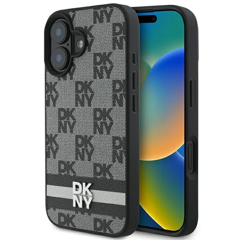 Obal na iPhone 16 s kockovaným vzorom a potlačou DKNY – čierny
