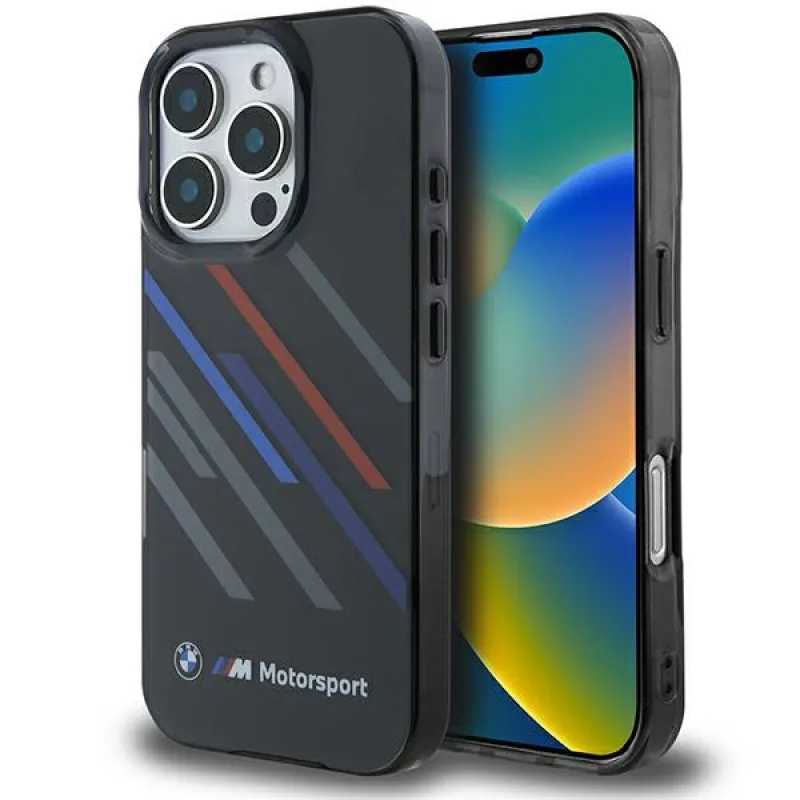 Puzdro BMW Motosport IML Random Stripes na iPhone 16 Pro Max – čierne