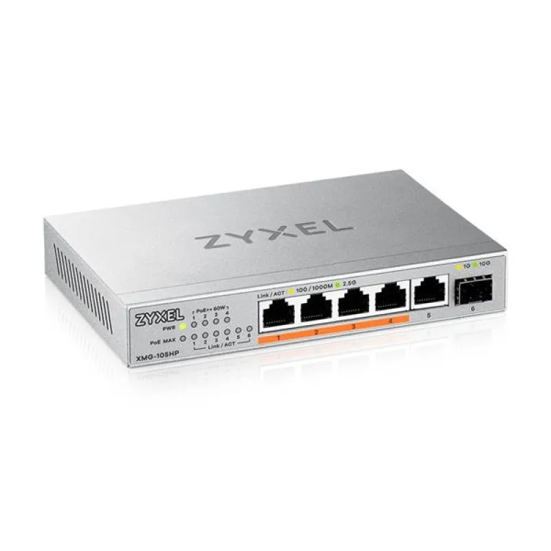 Zyxel XMG-105 5 Ports 2,5G + 1 SFP+, 4 ports 70W total PoE++ Desktop…
