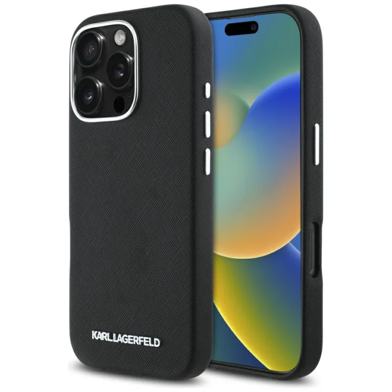 Karl Lagerfeld Saffiano celé zabalené predĺžené kovové logo MagSafe iPhone 16 Pro – čierne