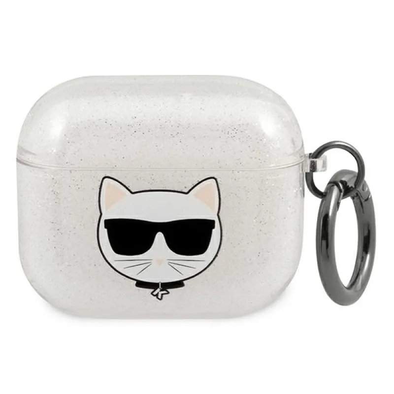 Púzdro Karl Lagerfeld Glitter Choupette pre AirPods 3 - strieborné