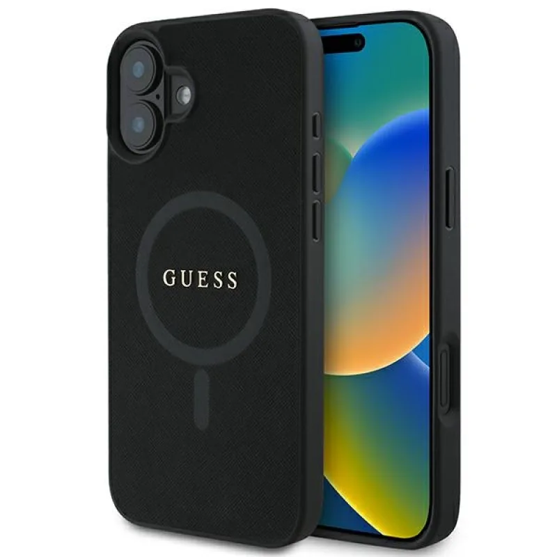 Puzdro Guess Saffiano Classic Logo MagSafe iPhone 16 Plus – čierne