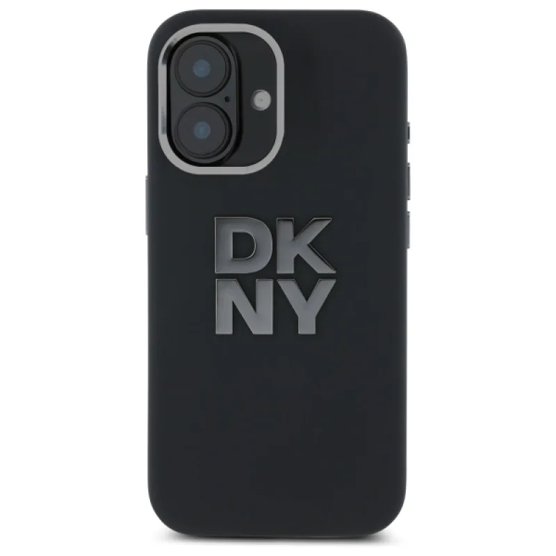 Puzdro na iPhone 16 s tekutým silikónovým kovovým logom DKNY – čierne