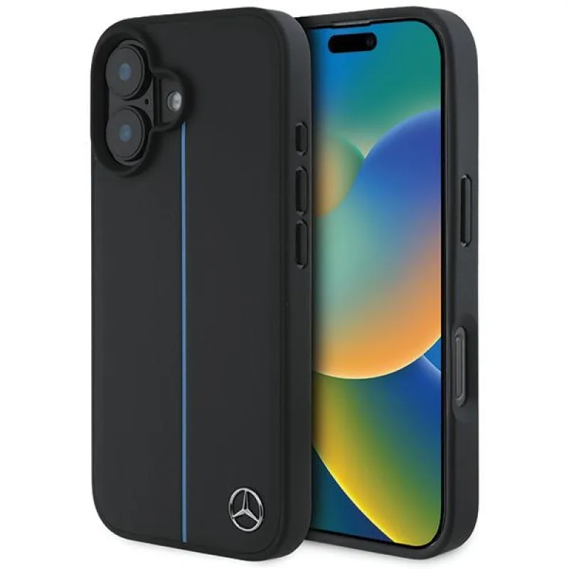 Kožené puzdro MagSafe na iPhone 16 Mercedes MB Blue Line - čierne