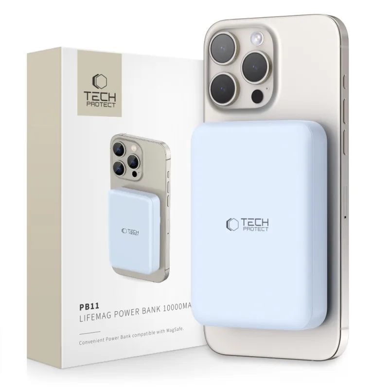 Powerbanka Tech-Protect LifeMag PB11 s portom MagSafe 10000mAh 15W USB-C – modrý + kábel USB-C