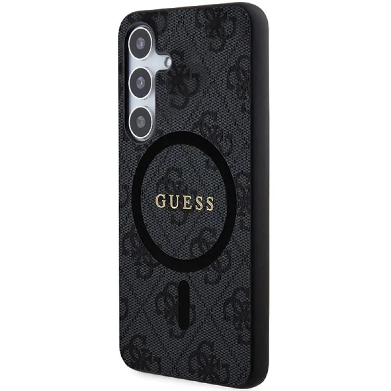 Guess 4G Collection kožené kovové logo MagSafe puzdro pre Samsung Galaxy S24 - čierne