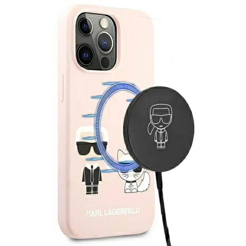 Karl Lagerfeld silikónové puzdro Ikonik Karl&Choupette MagSafe Case pre iPhone 13 Pro Max – svetloružové