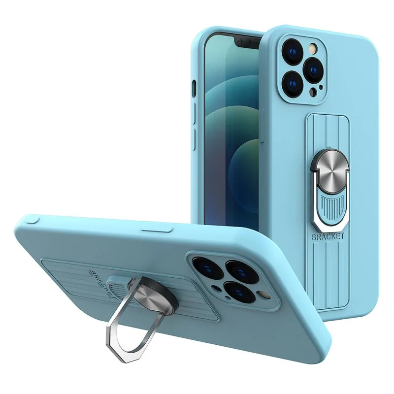 Silikónové puzdro Ring Case s uchopením na prsty a stojanom pre iPhone 13 Pro svetlomodré