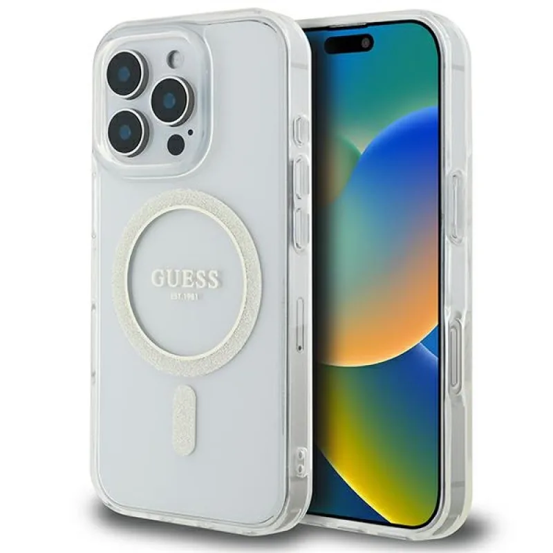 Puzdro Guess IML Glitter Circle MagSafe pre iPhone 16 Pro Max – priehľadné