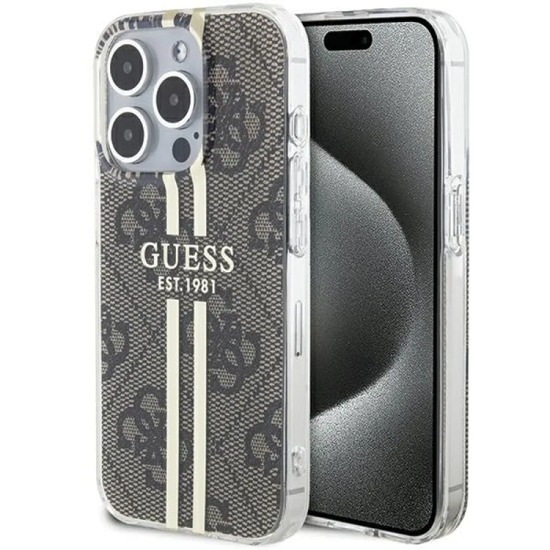 Puzdro Guess IML 4G Gold Stripe pre iPhone 15 Pro - hnedé