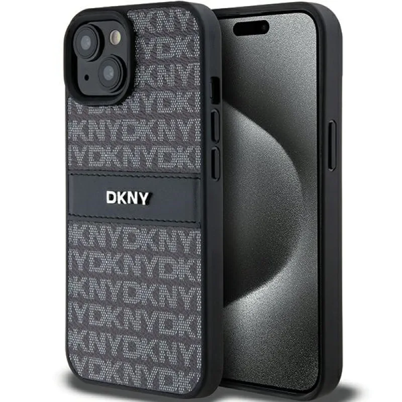 Kožené puzdro DKNY Mono Stripe & Metal Logo Case pre iPhone 15 Plus / 14 Plus - čierne