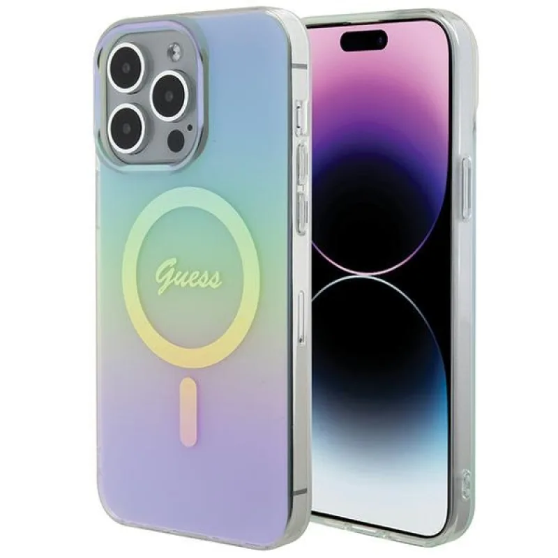 Guess IML Iridescent MagSafe puzdro pre iPhone 15 Pro - tyrkysové