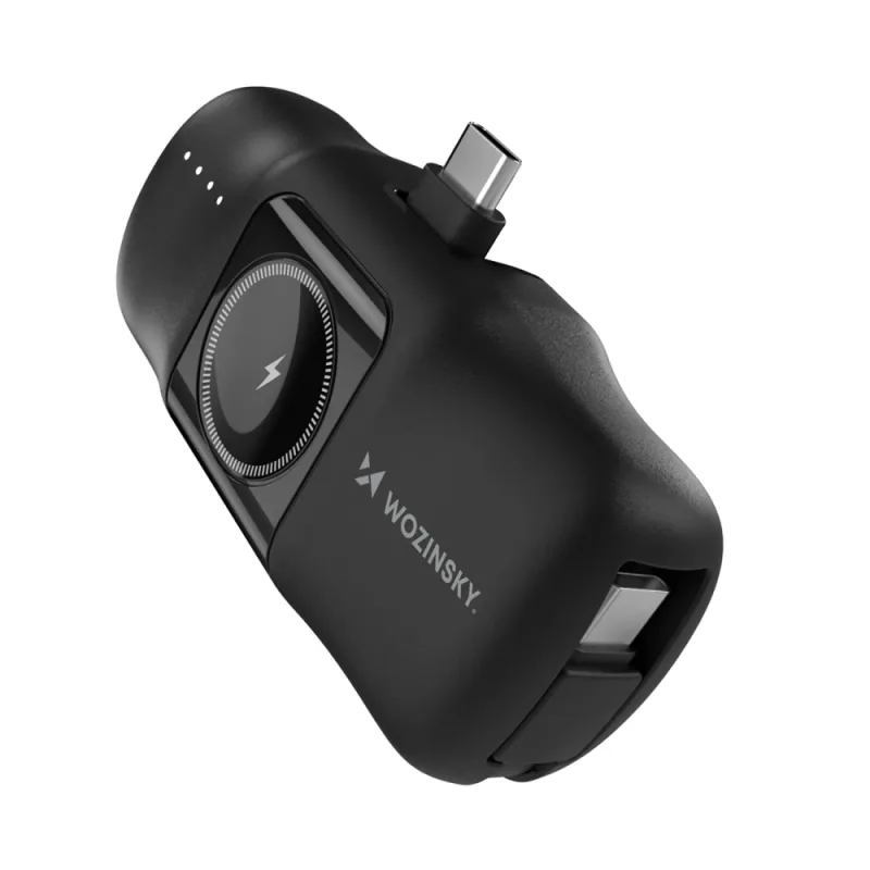 Wozinsky WF16-YCS 5000mAh 15W USB-C mini power banka so vstavaným USB-C káblom a nabíjačkou Apple Watch – čierna