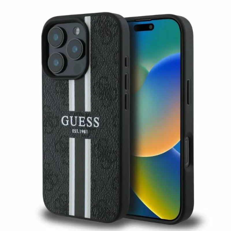 Guess 4G Printed Stripes MagSafe puzdro pre iPhone 16 Pro Max - čierne