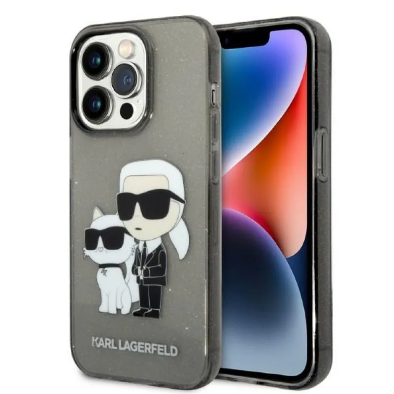 Obal Karl Lagerfeld Glitter Karl&Choupette pre iPhone 14 Pro - čierny