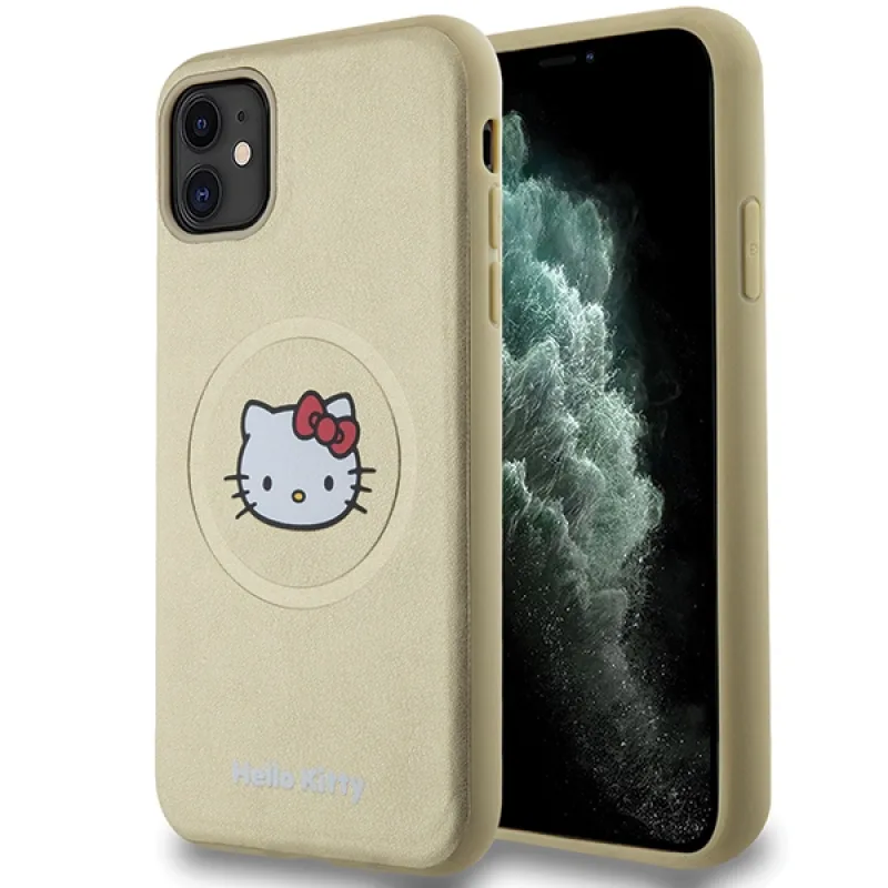 Kožené puzdro Hello Kitty Kitty Head MagSafe pre iPhone 11 / Xr - zlaté