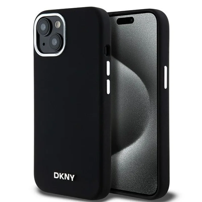 DKNY tekutý silikónový obal s malým kovovým logom MagSafe pre iPhone 15 Plus / 14 Plus – čierny