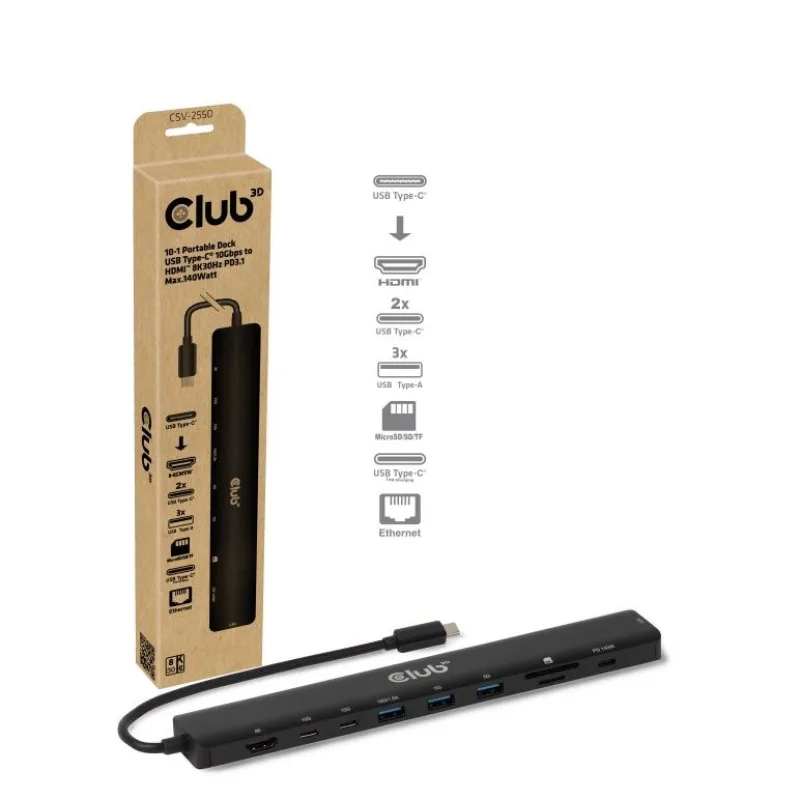 Club3D Dokovací stanice USB-C 10v1, 140W PD, 1xHDMI, 3xUSB-C, 3xUSB, …